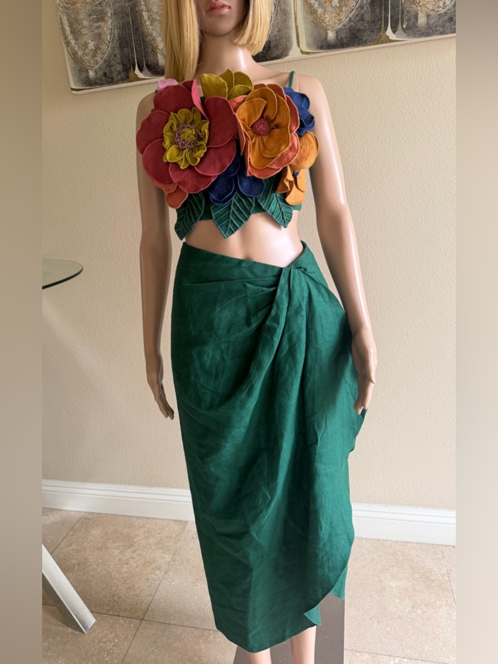 Handcrafted 3D Embroidered Floral Appliqué Top & Green 100% Linen Skirt